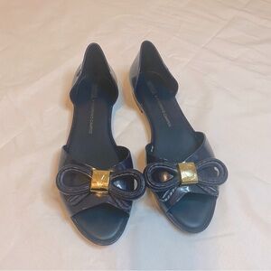 Melissa + Vitorino Campos Navy Blue Jelly Open-Toe Flats with Gold Emblem